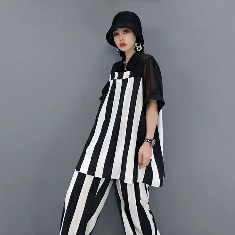 

XITAO Stripe Contrast Color Pants Sets Women Summer New Fashion Trendy Splicing Turn-down Collar Top Casual Loose WMD0709