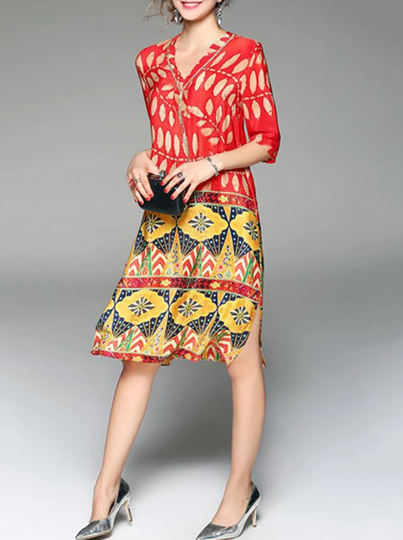2019 новое платье большого размера с рукавами принтом шелковое женское декольте
