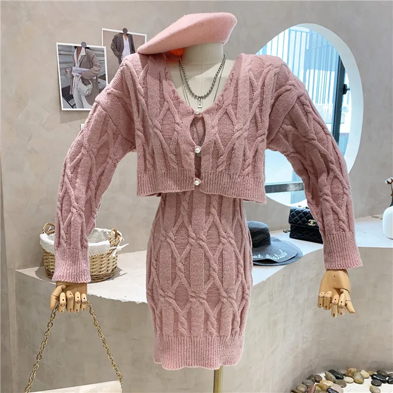 

Новая нишевая дизайнерская женская одежда, осень 2021, Облегающее вязаное платье на бретельках с завязками + короткий свитер, кардиган, компле...