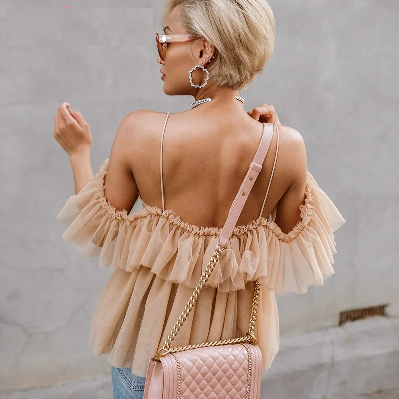 

Deep V Neck Backless Women blouse Summer Elegant Ruffle Off Shoulder Shirt Mesh Blouse