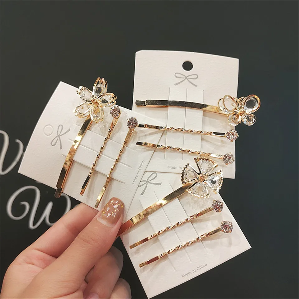 

3Pcs/Set Gold Rhinestone Crystal Hairpin Women Hairgrips Bobby Flower Metal Hair Side Clip Set Geometric Haripin Barrettes Gifts