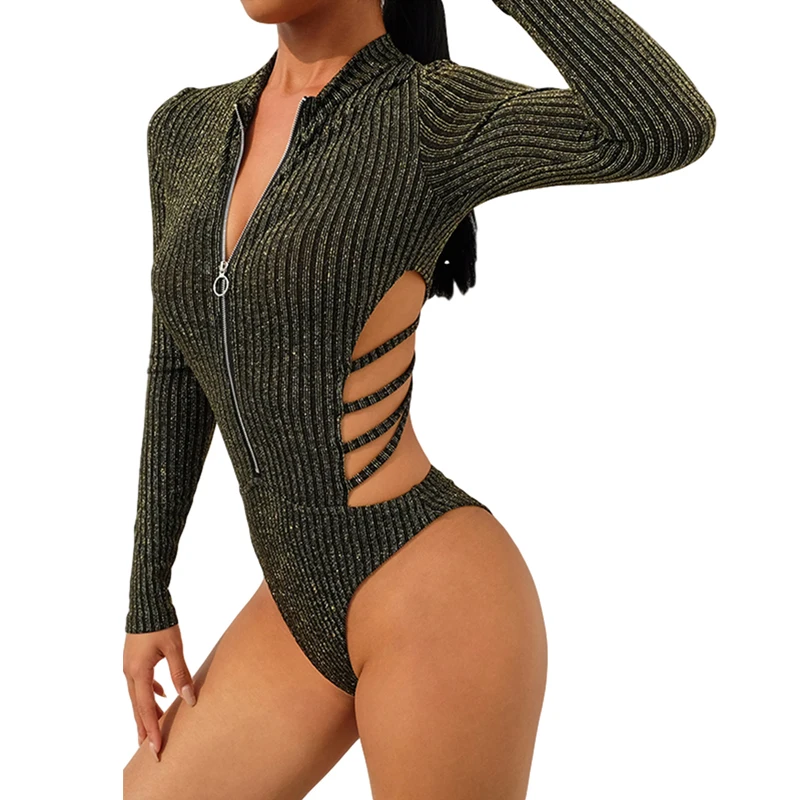 

Womens Autumn Long-sleeved Bodysuit Fashion Solid Color Irregular Cross Hollow out Backless Jumpsuit