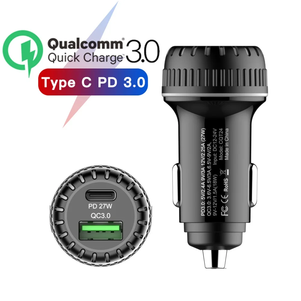 USB Автомобильное зарядное устройство QC3.0 быстрое зарядное устройство PD 27 Вт Тип c Быстрая зарядка с светодиодный круг света для samsung S9 Iphone huawei P30 Xiaomi