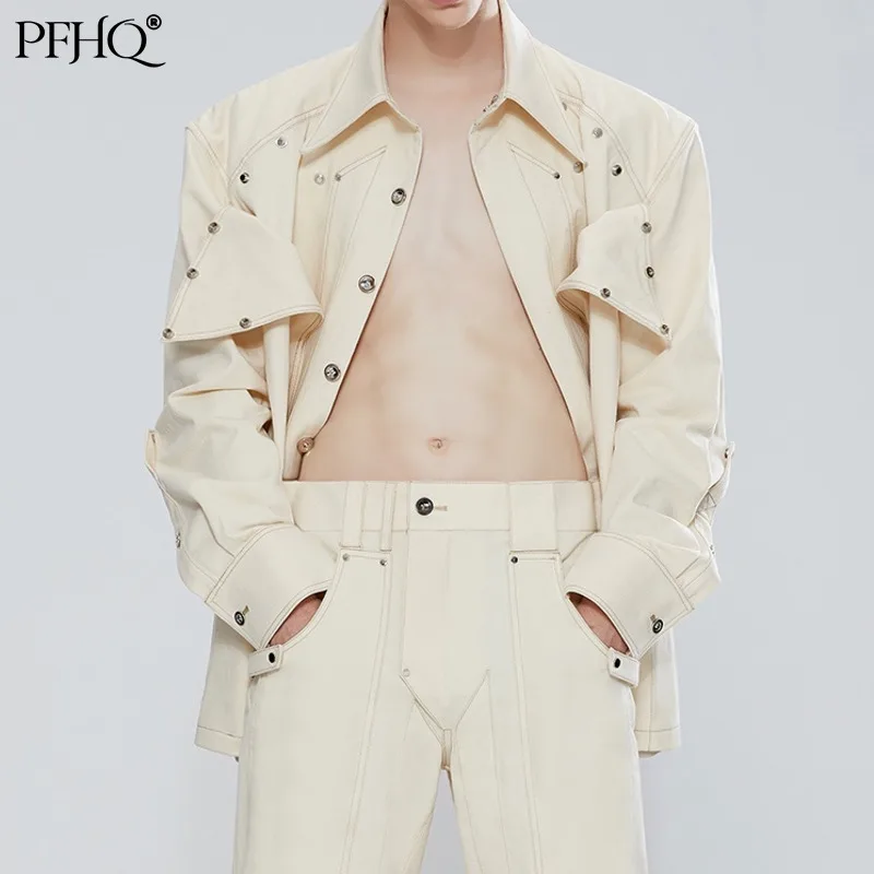 

PFHQ 2021 Men's Fashion Loose Lapel Single Breasted Cut Special-shaped Multi-piece Rivet Structure Jacket Autumn Winter 21E81