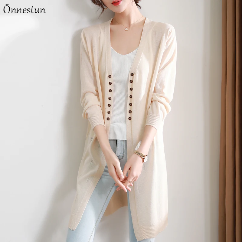 

Женский длинный кардиган с V-образным вырезом, однотонный трикотажный кардиган свободного покроя с длинными рукавами, тонкий кардиган с выр...