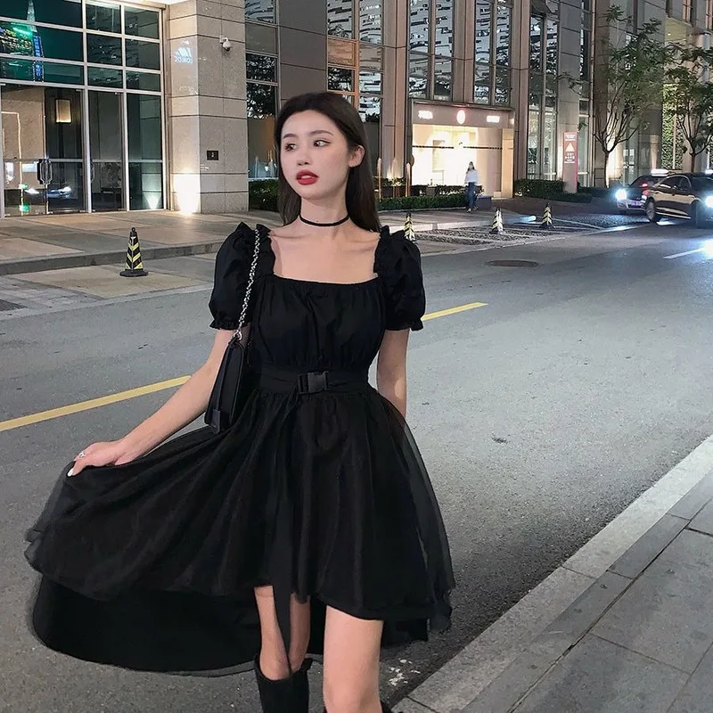 

QWEEK Goth Gothic Fairy Dress Women Summer French Puff Sleeve Black Mesh Dress Elegant Ladies Party Dresses for Women 2021