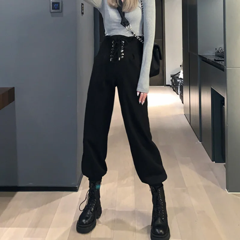 

[DEAT] High Elastic Waist Trousers New Loose Pants Women Solid Black Bandage Tie Feet Hole Fashion Tide Summer 2021 7E1376