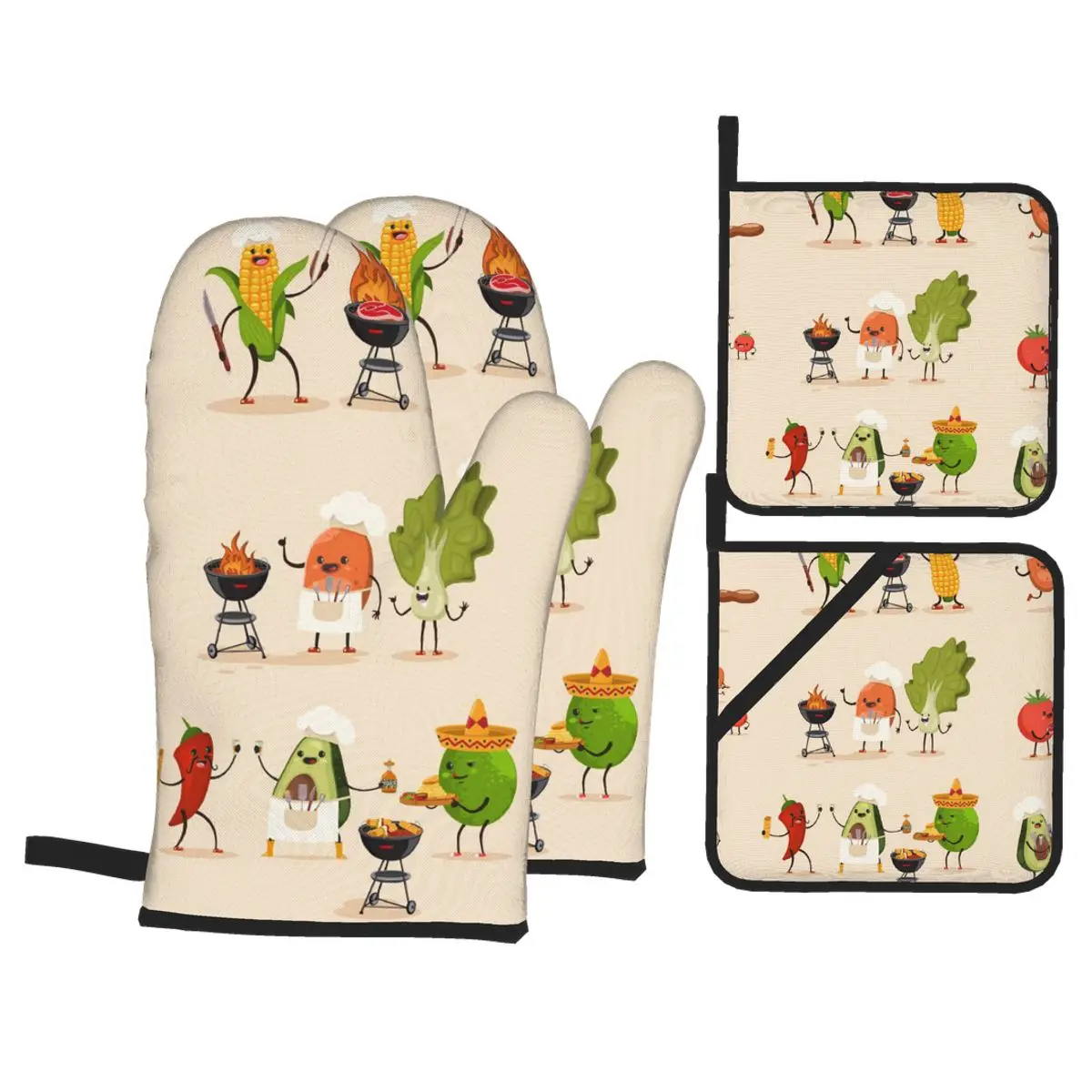 

4 Pieces Polyester Kitchen Cooking Microwave Gloves Cute Barbecue Fruit And Vegetable Baking BBQ Potholders Oven Mitts