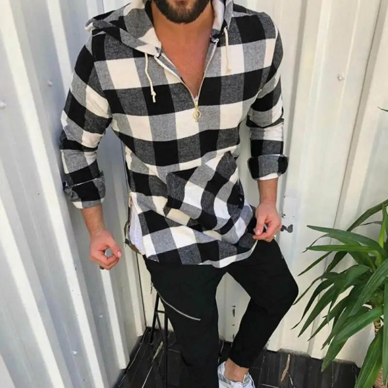 Camisa высокое качество мужские рубашки осень 2019 клетчатая рубашка с капюшоном