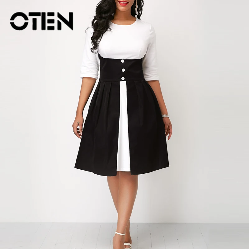 OTEN вечерние винтажные женские платья 2019 трапециевидной формы с пуговицами