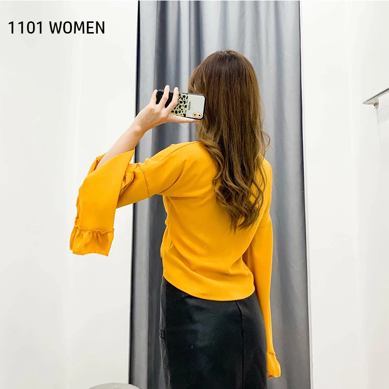 Женский короткий кардиган с расклешенными рукавами ZA повседневный желтый