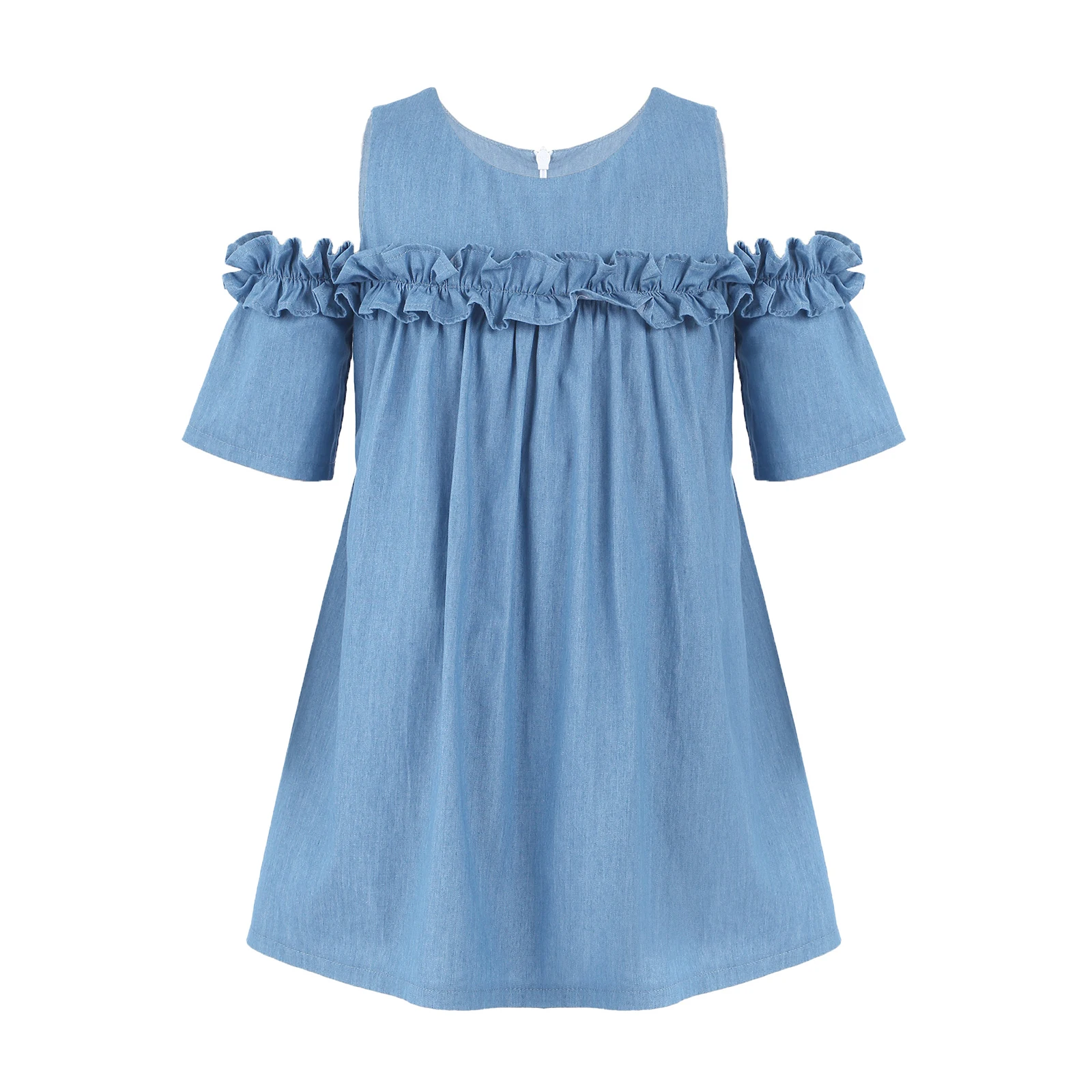 

4 to16 Yrs Kids & Teenager Girls Ruffle Denim Dress Short Sleeve Cotton Casual Blue Dress Children Summer Princess Vestidos