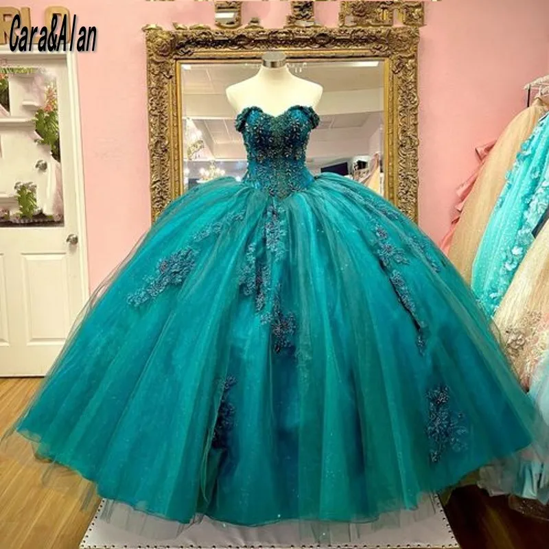 

Charro Turquoise Quinceanera Dresses Lace Applique Beading Sweetheart Court Train Sweet 16 Prom Gowns Vestidos De Xv Años