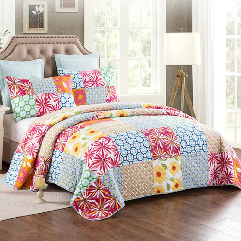 3Pcs Bedding Set Quilts with Pillowcase 230CM*250CM King Size Coverlet Cotton Fabric Colorful Patchwork Summer Blanket QT016 | Дом и сад