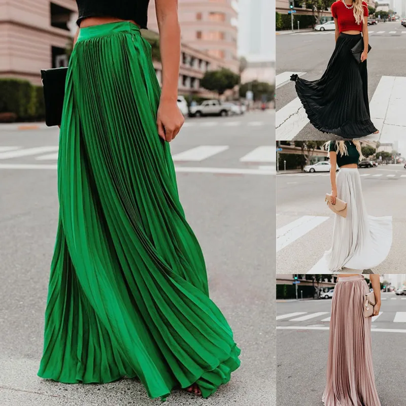 

Pleated Chiffon High Waist Women's Maxi Skirts Floor Length Solid Long Skirt Ladies 2021 Loose Green Black Pink Bottoms Female