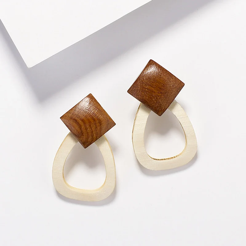Beige Wood AENSOA этнические деревянные геометрические круглые овальные квадратные висячие серьги винтажные коричневые массивные серьги из акриловой смолы модные ювелирные изделия - Окраска металла: Beige Wood