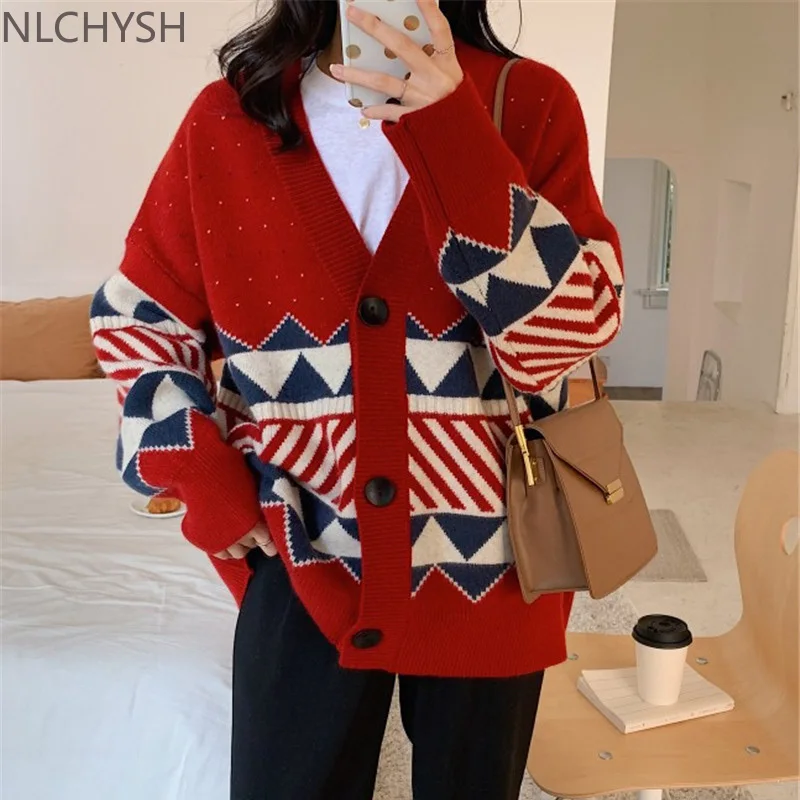 

Women Geometry Knitted Cardigan Sweater Deep V-Neck Jumper Button-Up All-Match Female Chic Korean Loose Tops Autumn Winter 2021