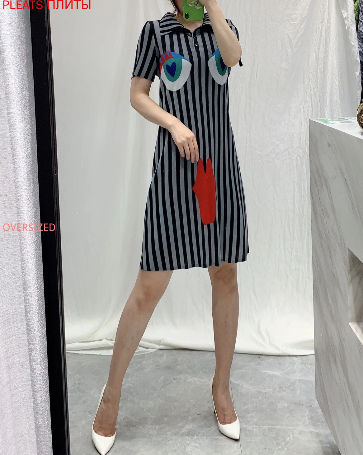

New Summer Square Collar Medium Long Version High Waist Cartoon Vertical Stripes Straight Tube Beautiful Slim Women's Dress