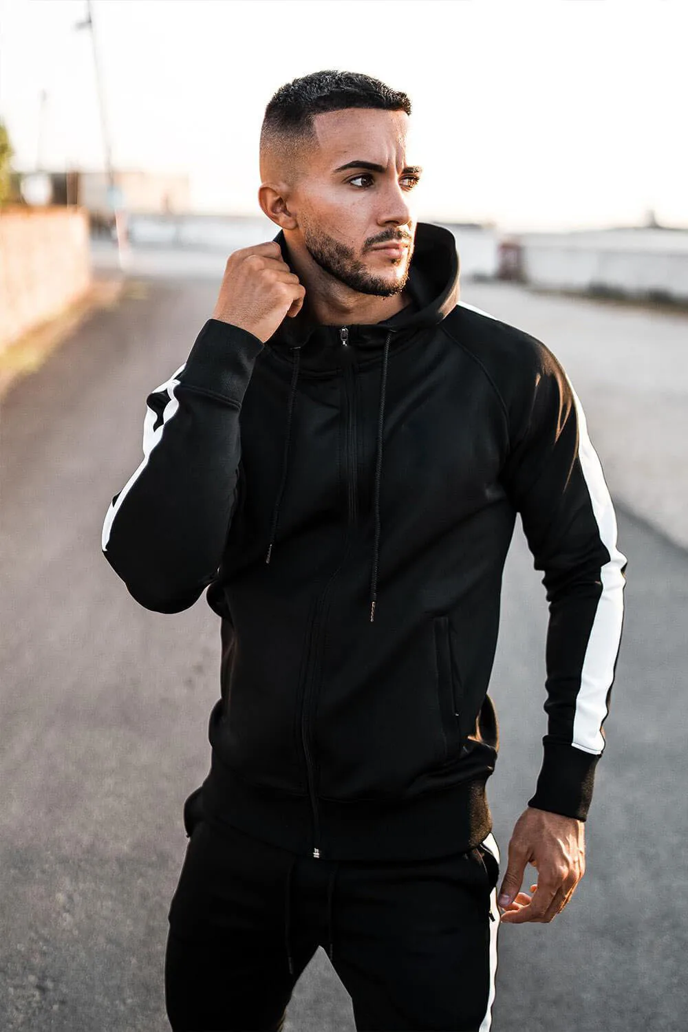 

Jogging sports fitness men's zipper cardigan elastic self-cultivation hooded sweater gradient fitness clothing training suit
