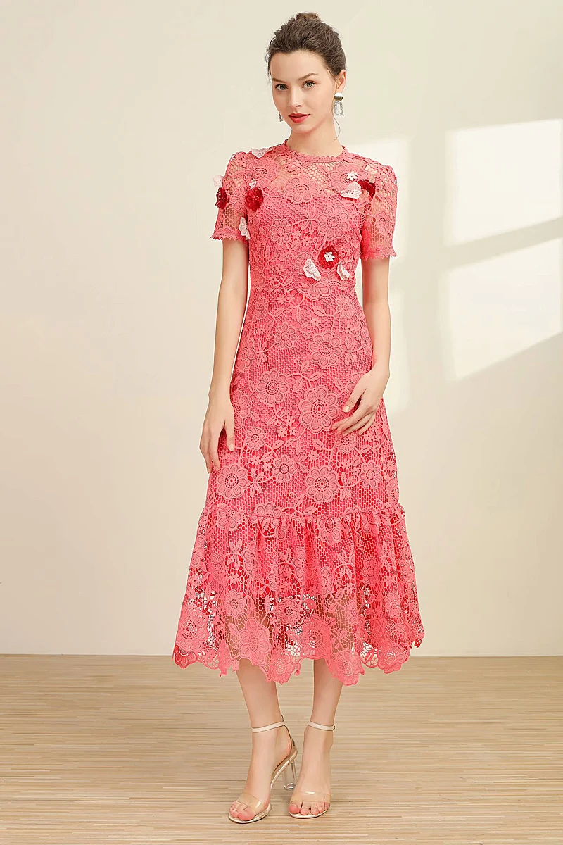 

High Quality Runway Long Dress New Fashion Female Party Casual Vintage Elegant Gentle woman Lace Openwork Dresses