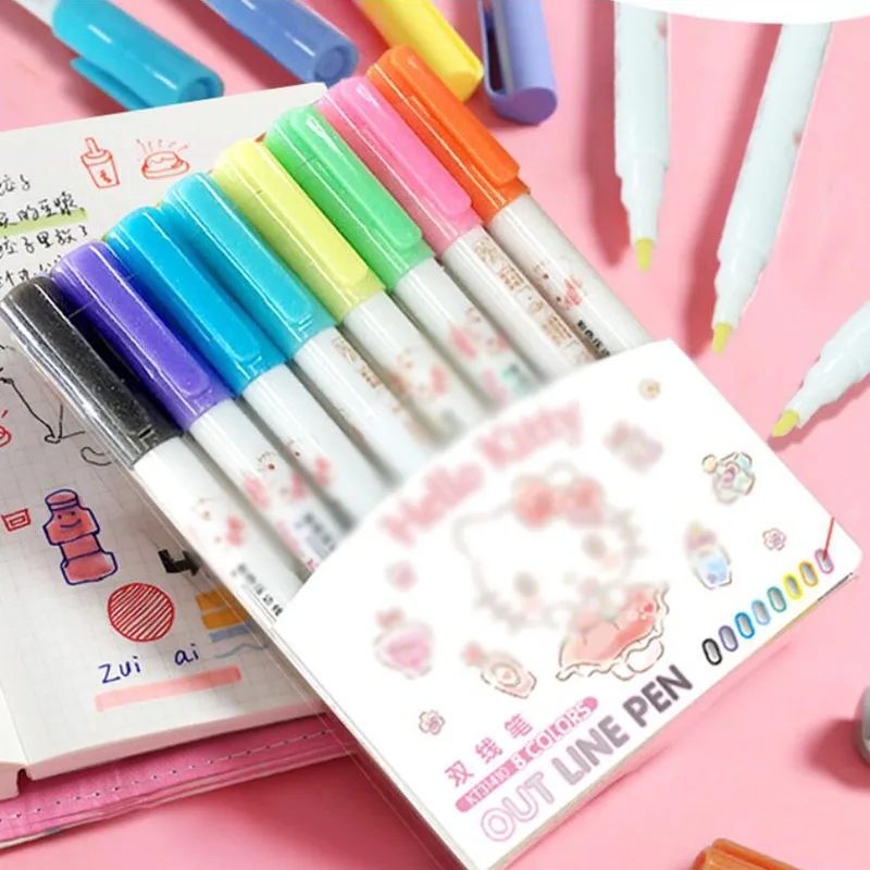 

40 pcs/lot Kawaii Cat Highlighter 8 Colors Double line Fluorescent Marker Liner Drawing Pens Office School Supplies