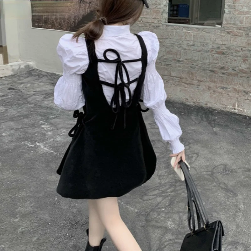 

Sweet Women Two Piece Sets Korean 2021 New Puff Sleeve Blouse Tops + Back Bow Tie Hollow-out Tank Dress Outfits