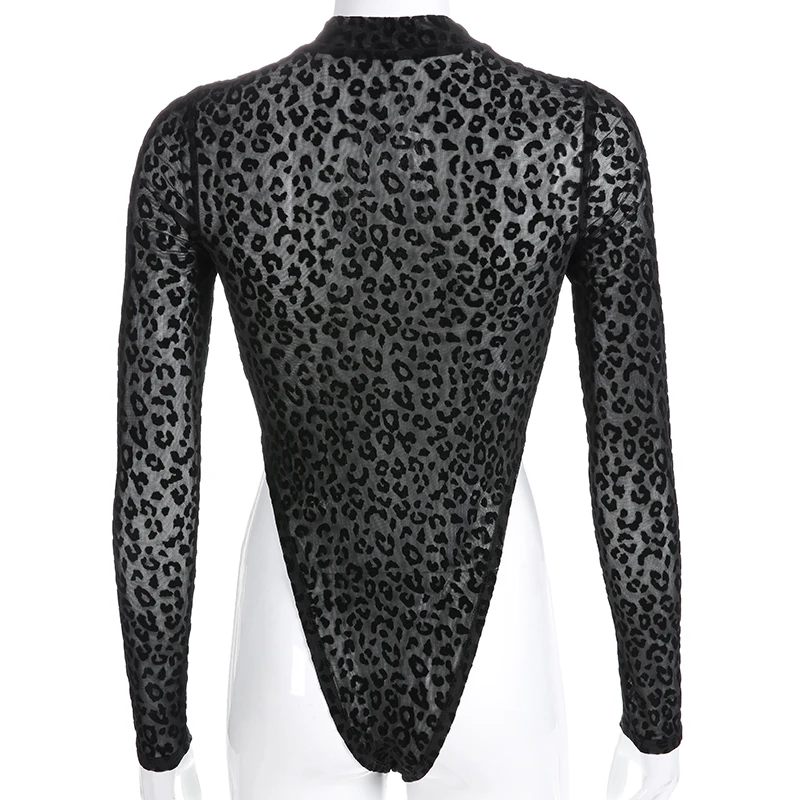 

Rapcopter Leopard Bodysuits Long Sleeve Playsuits Mesh See Through Sexy Jumpsuits Women Bodycon Turtleneck Fall Winter Clubwear