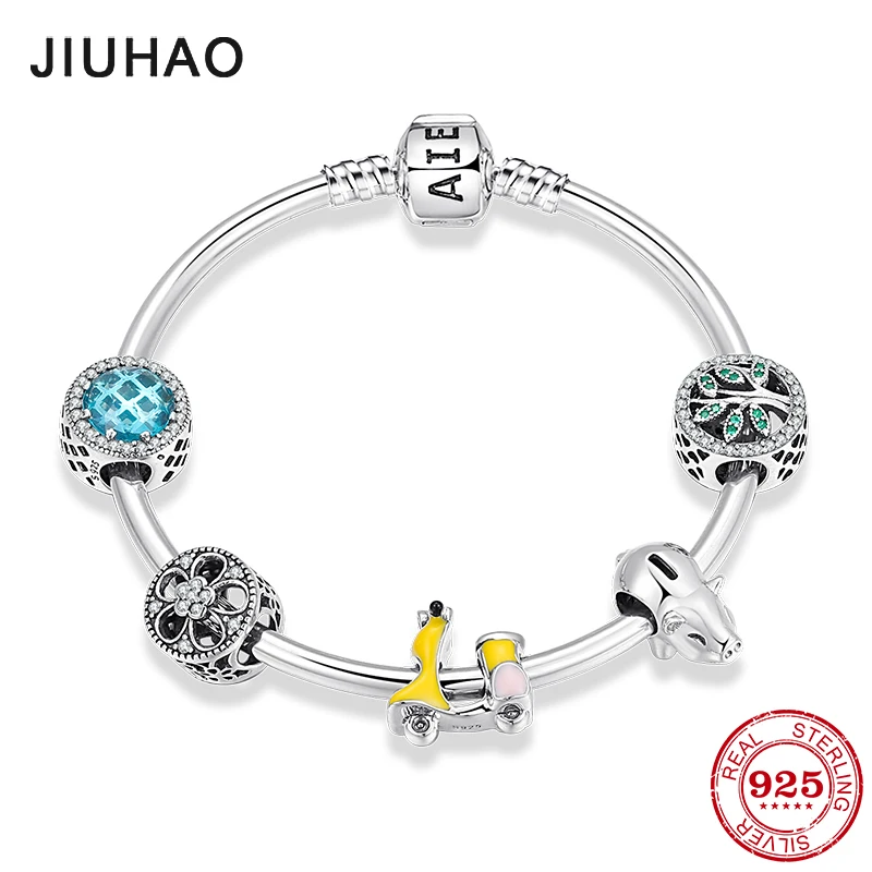 

925 Sterling Silver Lucky Flower charms yellow enamel motorcycle Bracelet with Zircon Flower Beads Bracelets Women Jewerly