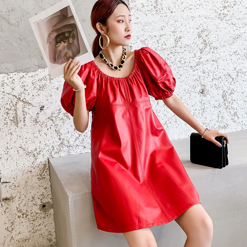 

Fashion High Quality Genuine Sheepskin Leather Dresses for Women 2021 Female Summer Dress Mini Dress Ladies Vestido Zjt2550