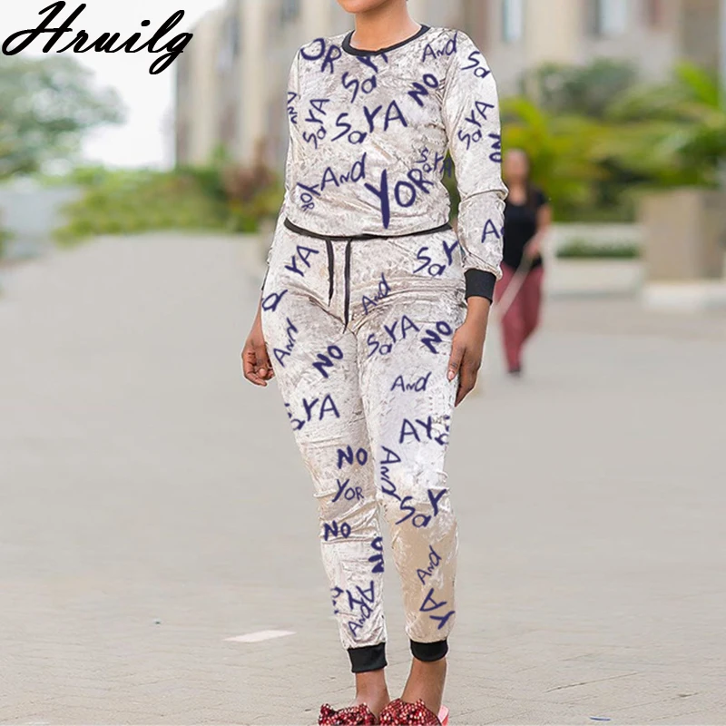 

Women Two Piece Outfits 2020 Letter Print O Neck Tops&Woman Pants Runway Set Sport Fitness Elastic Waist Ensemble Pantalon Femme