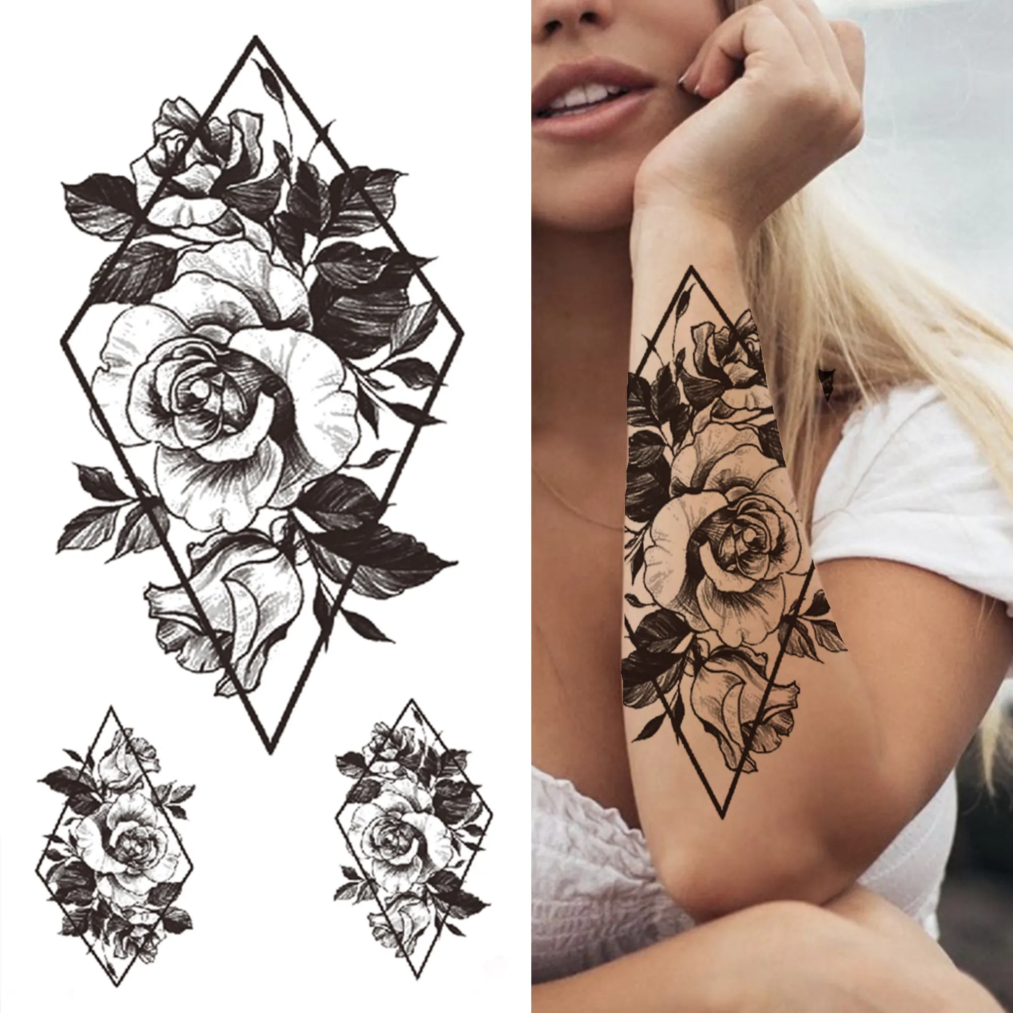 

Clock Flower Tattoo Sticker Fake Tiger Lion Deer Snake Temporary Tattoo For Momen Kids Black Evil Devil Tribal Totem Tatoo Paper