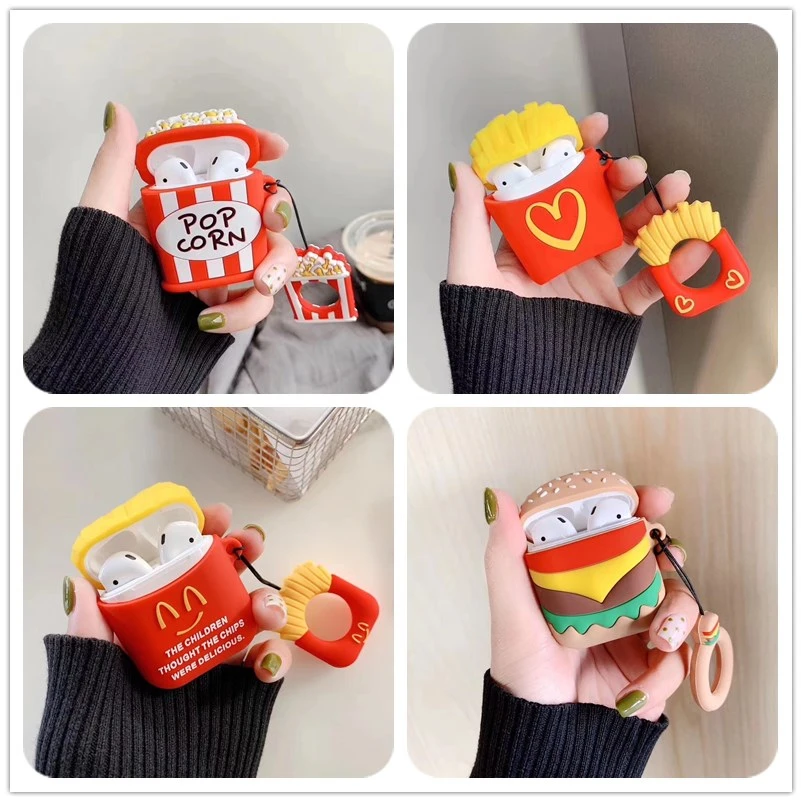

Universal Silicone Protective Case for AirPods 1/2 Hamburger Popcorn Bluetooth Earphone Charger Box Cover Anti-lost Lanyard Gift