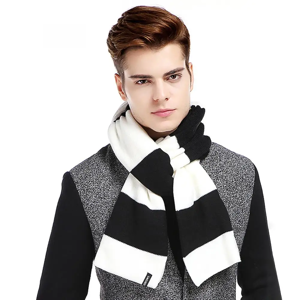 Черно-белый полосатый шарф мужской супер-мягкая шерсть вязаный унисекс теплый