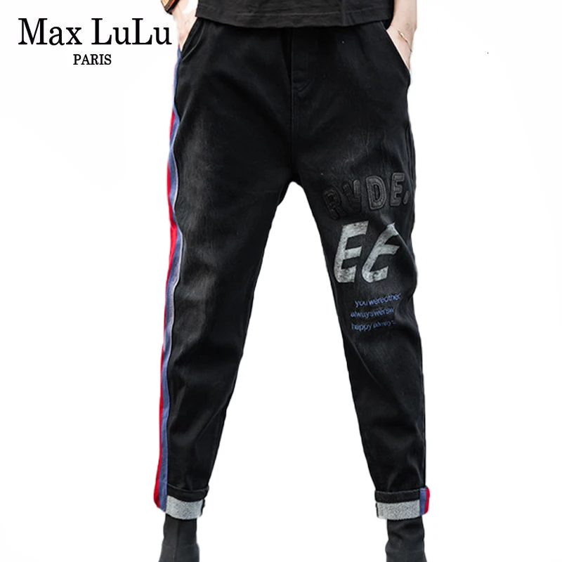 Max LuLu корейские модные зимние теплые уличные дамские лоскутные шаровары женские черные полосатые джинсовые брюки толстые джинсы с мехом