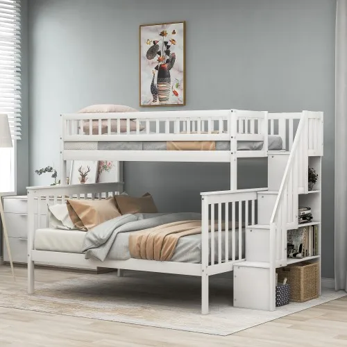 

Metal Loft Bunk Beds Frame with Ladder(Stairs), Guard Rail and Storage Shelves, Twin Size over Full Size, White