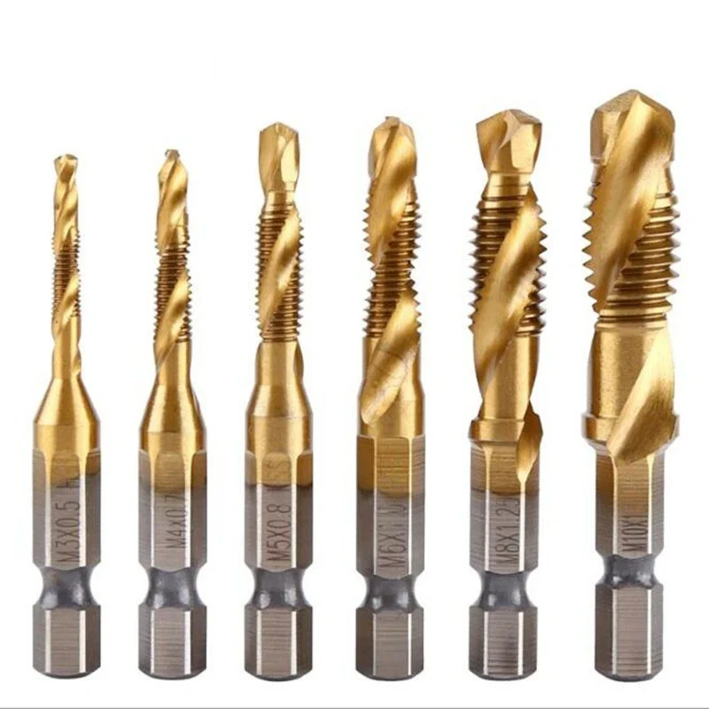 

6Pcs Hex Shank Titanium Plated HSS Screw Thread Metric Tap Drill Bits Screw Machine Compound tap M3 M4 M5 M6 M8 M10 Hand Tools