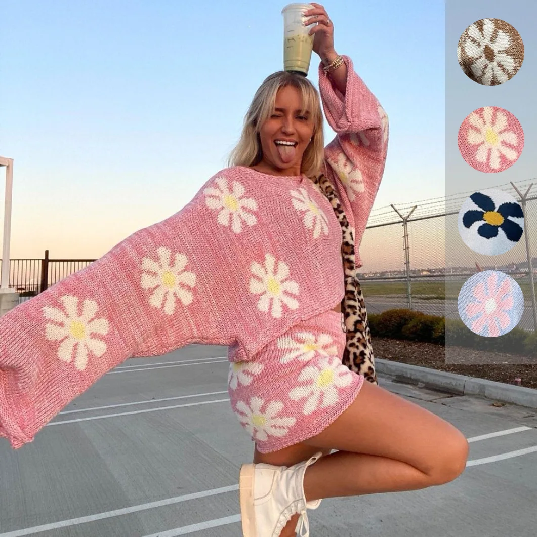 

AYES Knitted Women'S 2 Piece Sets Outfits Casual Pink Floral Sweet Oversized Sweater Suit With Shorts For Women 2021 Tracksuit