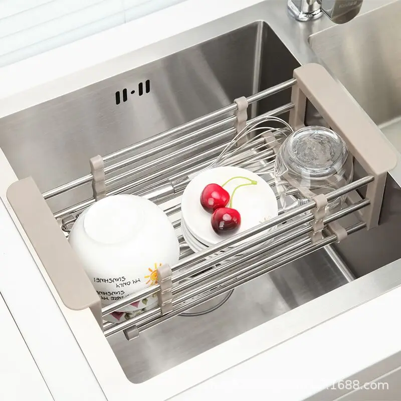 

Stainless Steel Drain Basket Retractable Sink Rack Multifunctional Fruit Dish Sink Drain Storage Rack Kitchen Tool Accessories