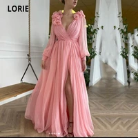 lorie vintage prom dresses v neck pleats side split pink long sleeves long arabic evening gown celebrity party dress 2021