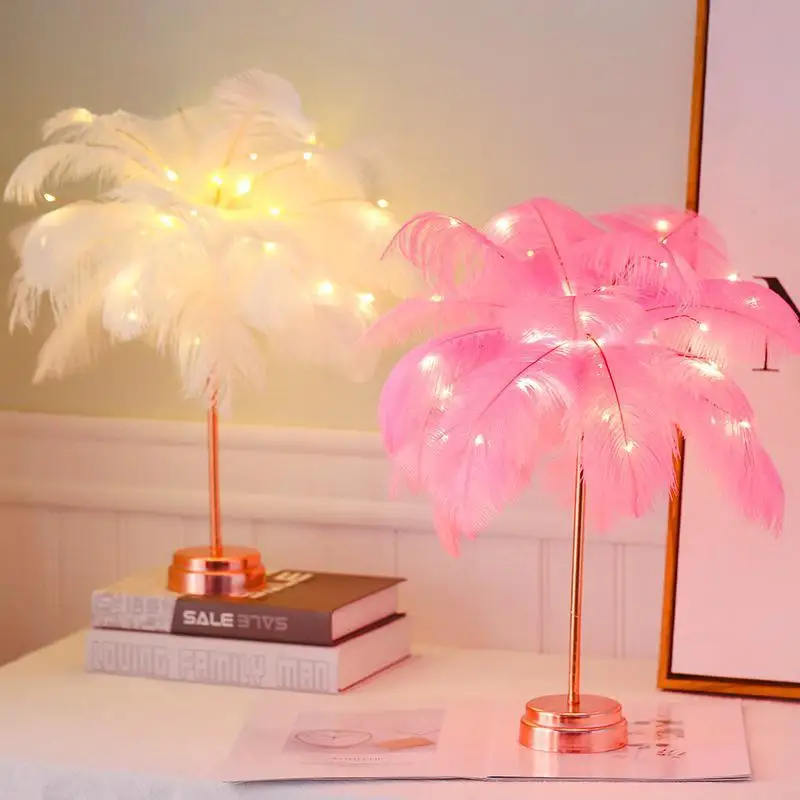 

48cm Feather Table Lamp USB Rechargerable Tree Shape LED Lights Decorative Flashing Lamp 5V Night Light Lamps For Bedroom