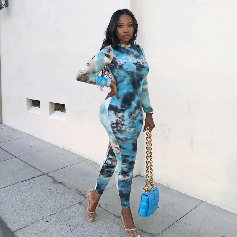 

Zoctuo Skinny Jumpsuit Long Sleeve Zip Up Vintage Print Jumpsuit Autumn Winter Women Fashion Streetwear Casual Romper