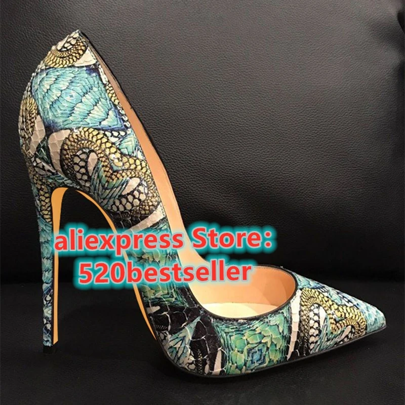 

Free Shipping Fashion Women Lady green Multi python snake Poined Toes Stiletto Heel high heels shoes pumps 12cm 10cm 8cm Party