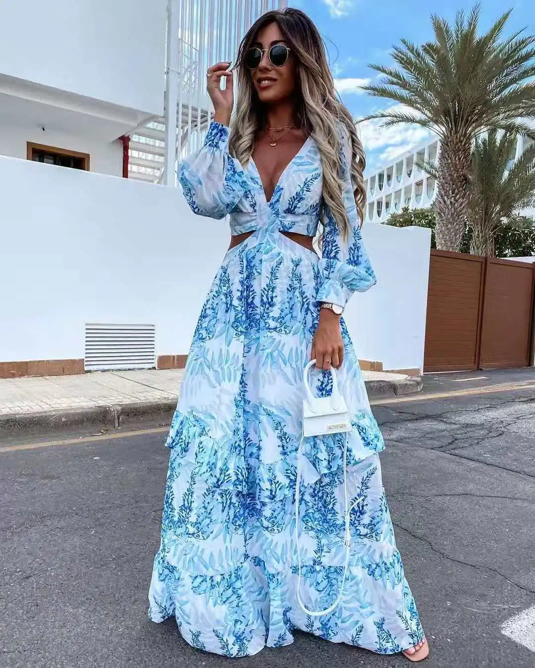

2021 Summer New Long Sleeve Printed Hollow Long Dress