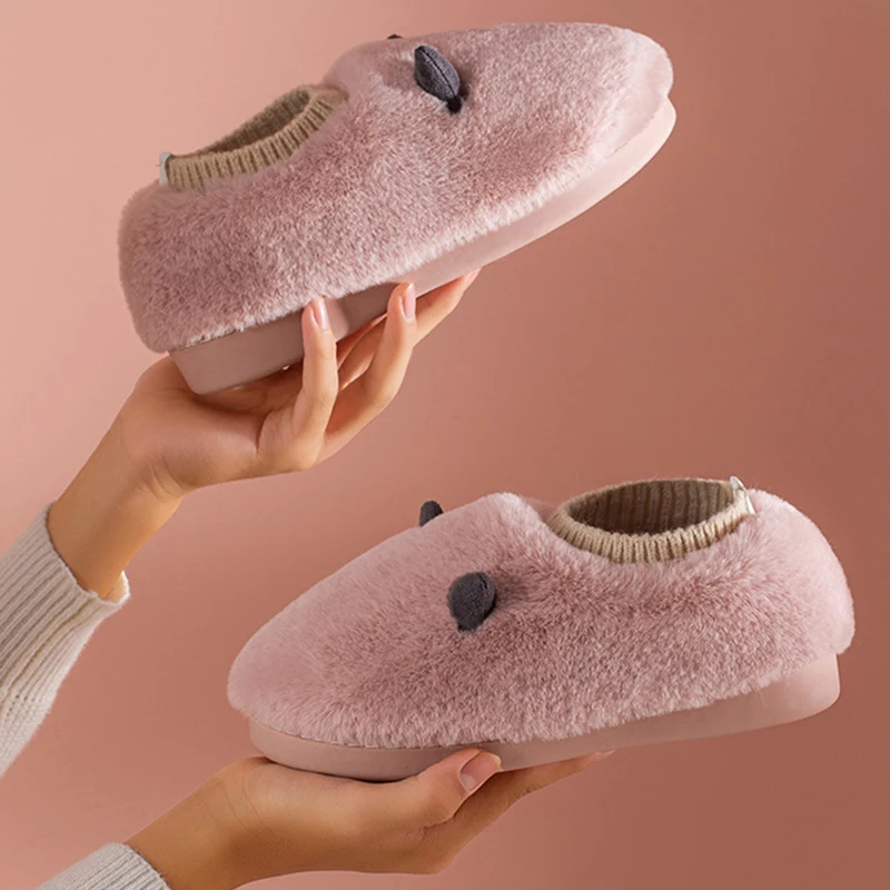 

Women Fox Ear Plush Shoes Cute Animal Indoor Slippers Warm Winter Furry Faux Fur Slippers Women Plush Pregnant Women Slippers