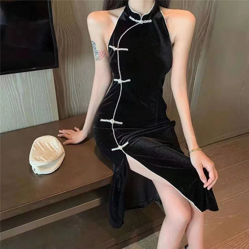 

Fashion French Elegant Black Evening Dress Women Chinese Style Slim Retro Cheongsam Lady Vintage Qipao Party Dresses Vestidos