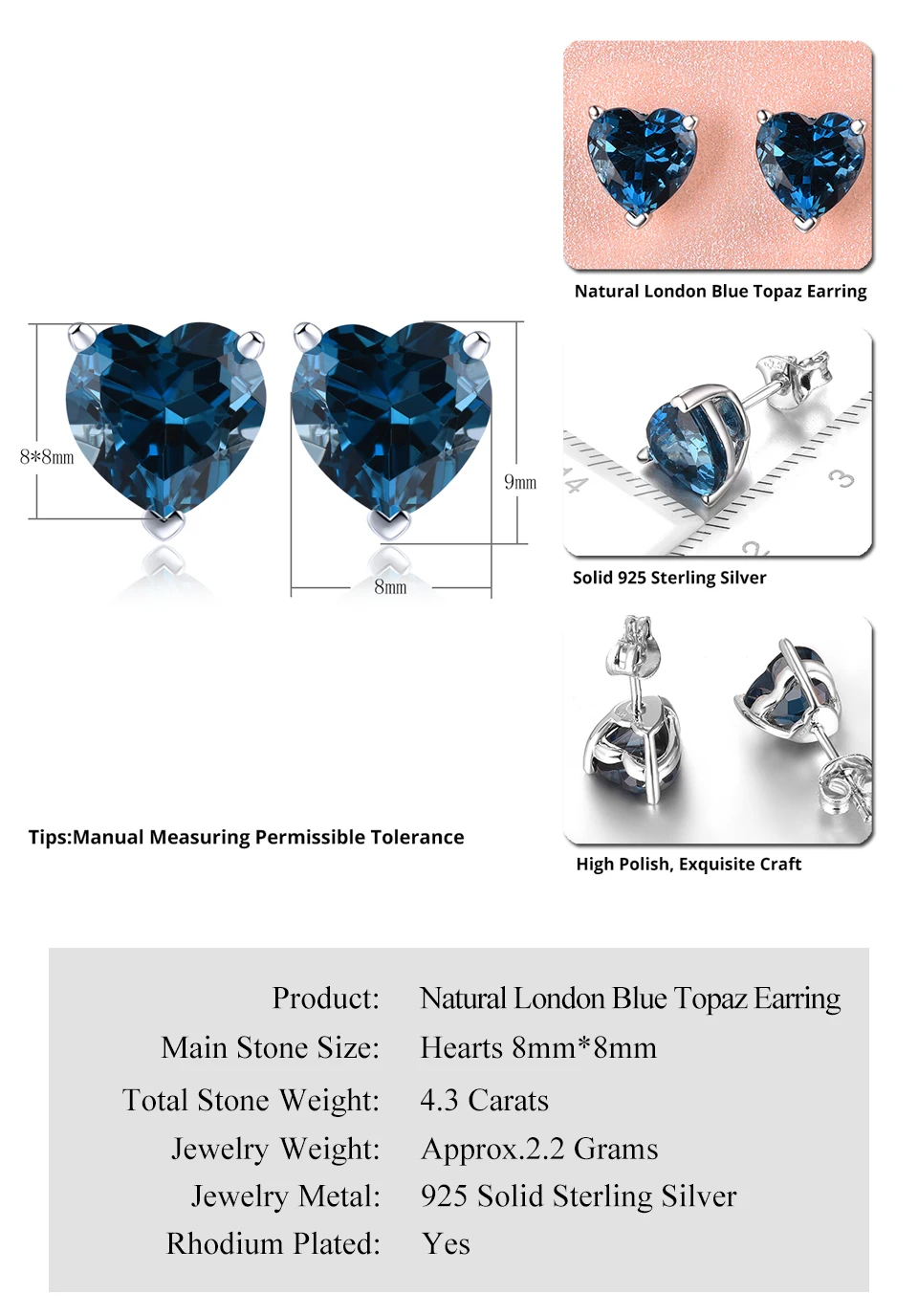 March Blue Topaz Dew 925 Sterling Silver Birthstone 6mm Heart Stud Earrings 