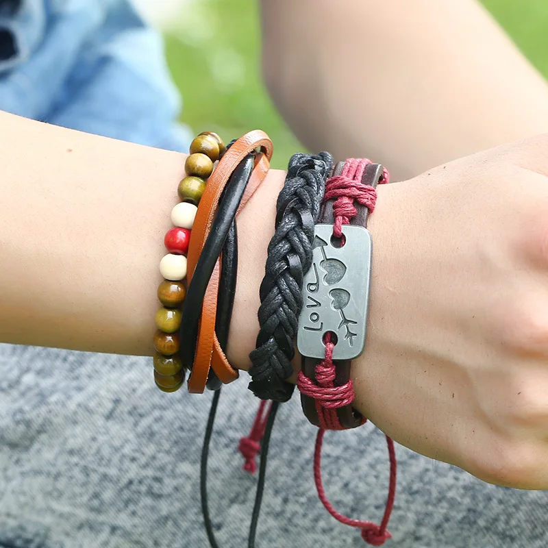 

AJC Vintage Men's Bejeweled Braided Leather Bracelets An Arrow-Wear Heart Accessories Couples Multi-Layer Set Bracelets