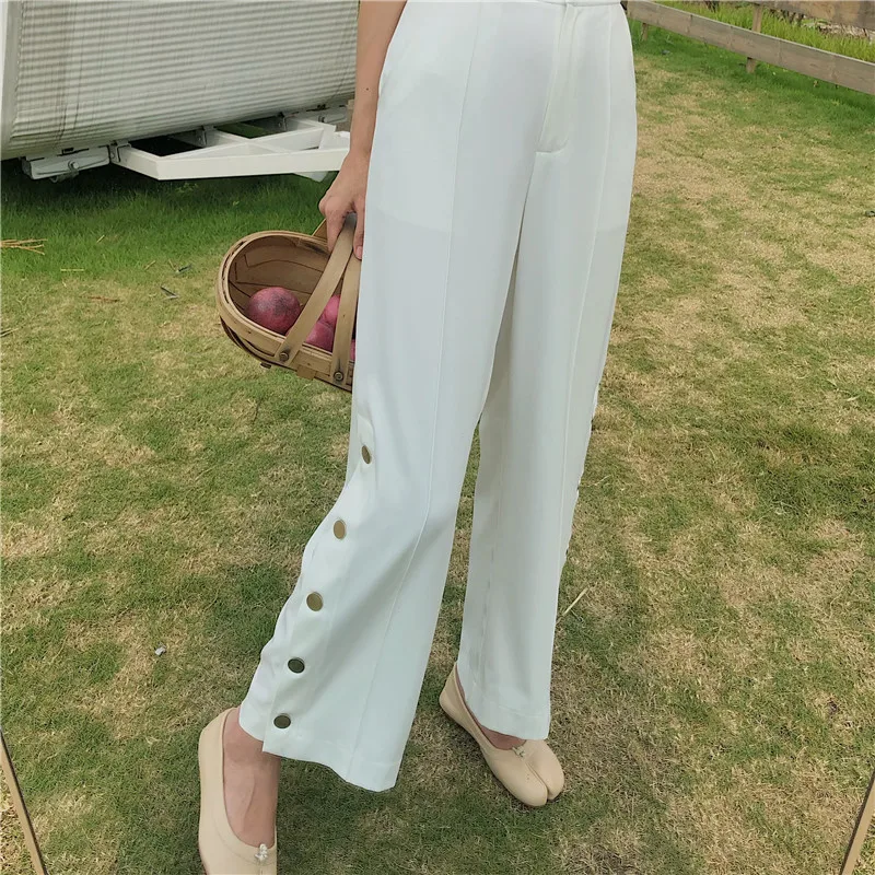 

New Spring Autumn High Waist Causal Solid Capris Patchwork Button Wide Leg Pants for Women Clothes Korean Loose Trousers Female