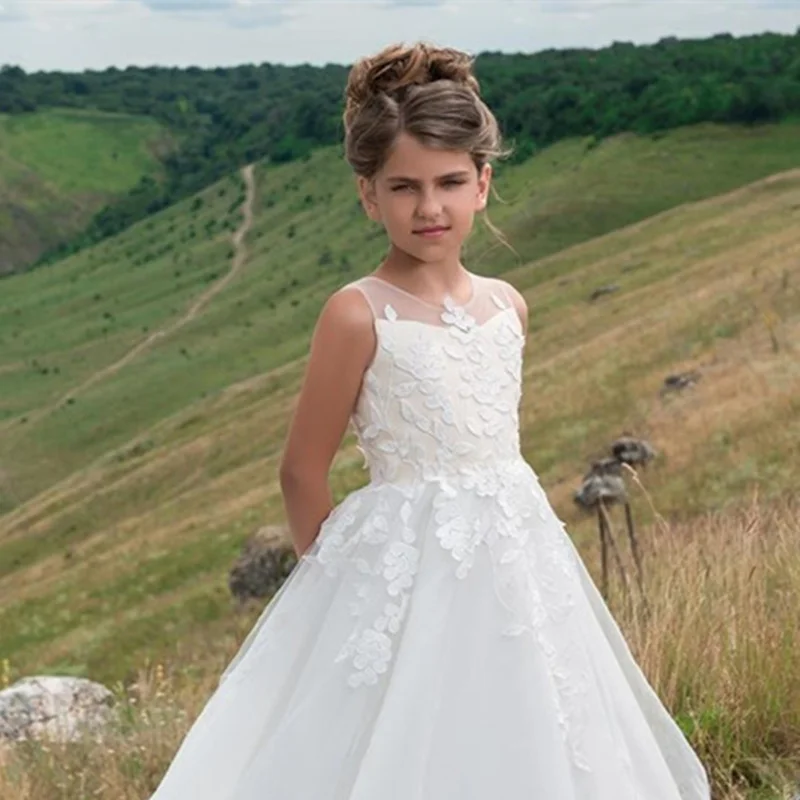 Красивые платья для девочек с цветами белое Тюлевое платье принцессы без рукавов