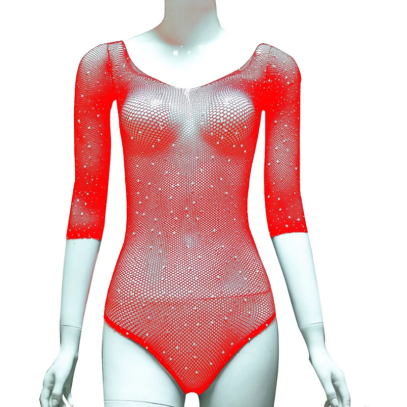 Сексуальное женское платье с длинным рукавом в крупную сеточку Стразы боди Топы